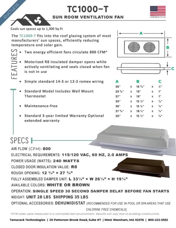 Product Specifications Sunroom Fan