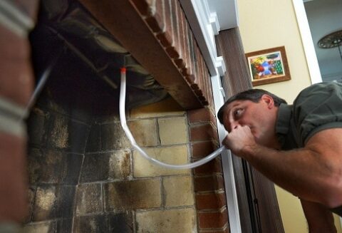 man blowing into tube